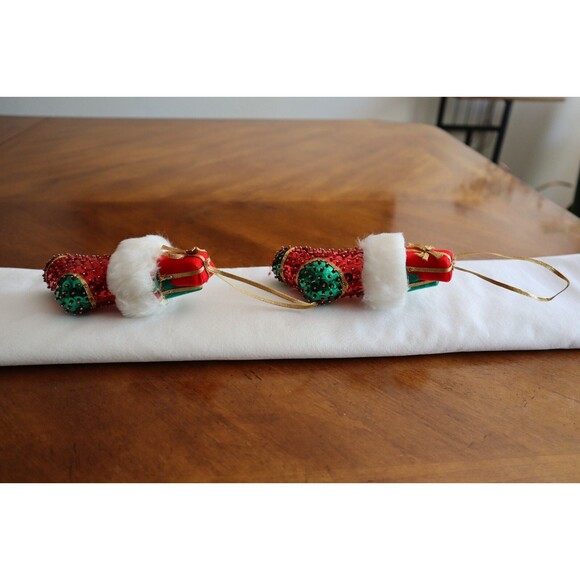 Vtg Lot of 2 Handmade Sequin Beaded Boot Stocking Christmas Ornaments Sulyn - Picture 8 of 12